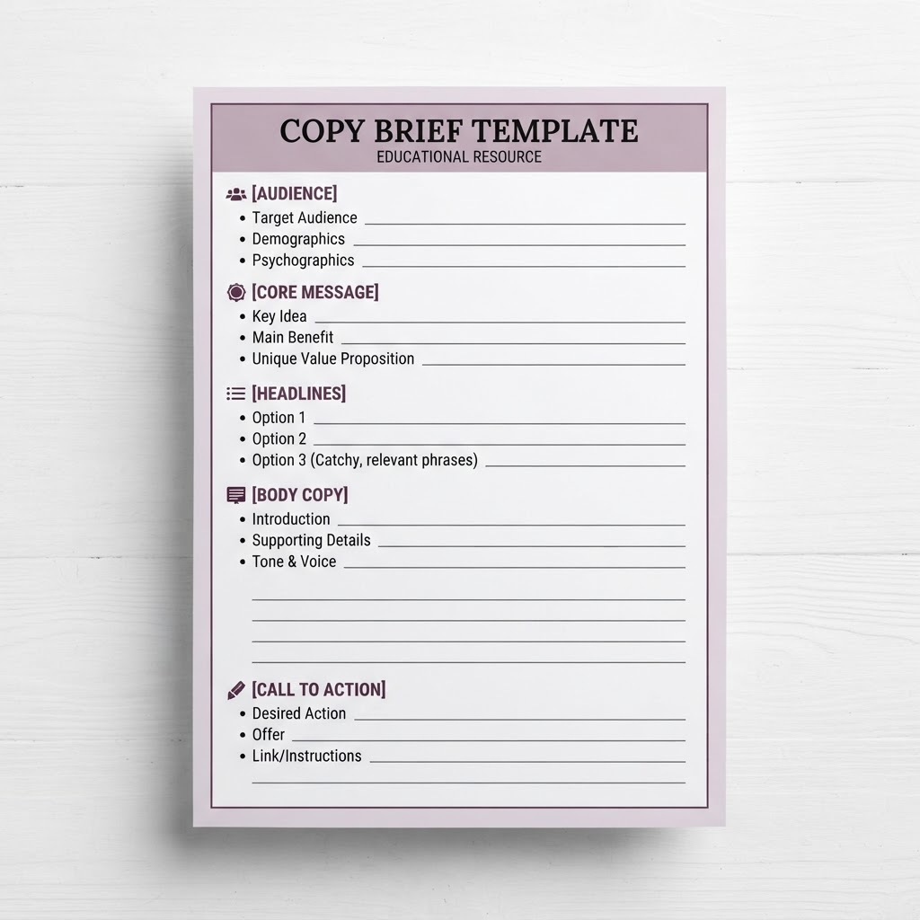 A labeled copy brief worksheet template — one of the practice artifacts included in the masterclass