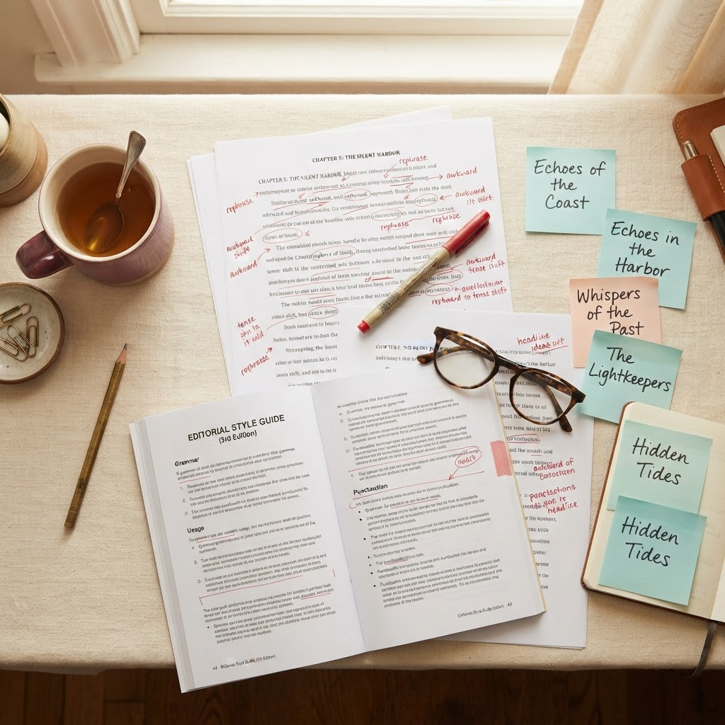 Printed pages with editing annotations and sticky notes showing the copy revision process